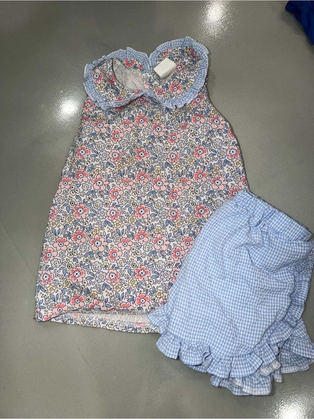 Girls Blue Floral Matching Set with Ruffle Collar
